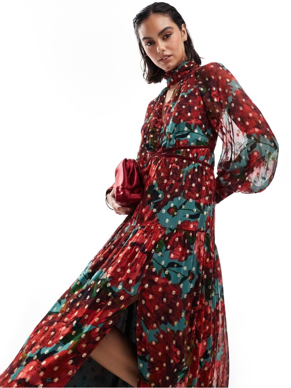 ASOS HOPE & IVY Red Floral Maternity Maxi Dress with Sheer Bishop Sleeves